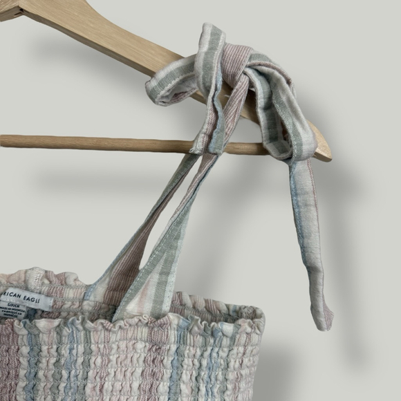 American Eagle Top Women Size Small Multicolored Smock Tie Strap Ruffle Hem - Picture 9 of 13